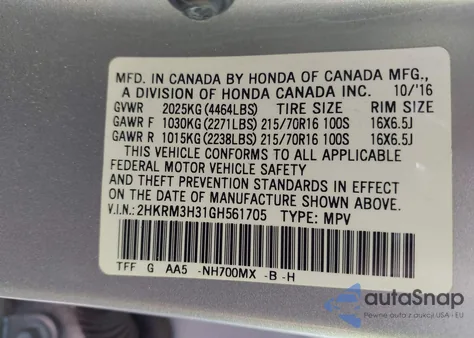2016 Honda Cr-V Lx from USA, damaged, VIN 2HKRM3H31GH561705